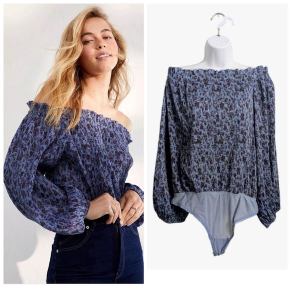 Free People Pretty Petal Off-Shoulder Blue Crinkle Bodysuit Balloon Sleeves L